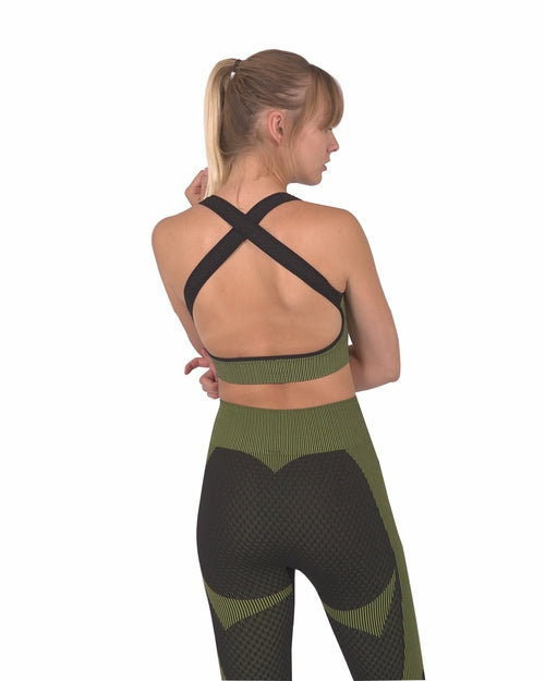 Load image into Gallery viewer, Trois Seamless Sports Bra - Black with Green

