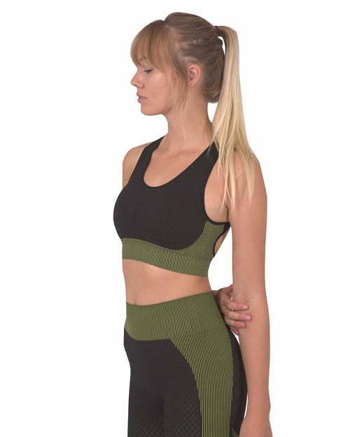Load image into Gallery viewer, Trois Seamless Sports Bra - Black with Green
