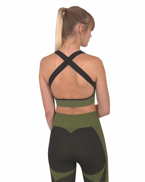Load image into Gallery viewer, Trois Seamless Sports Bra - Black with Green
